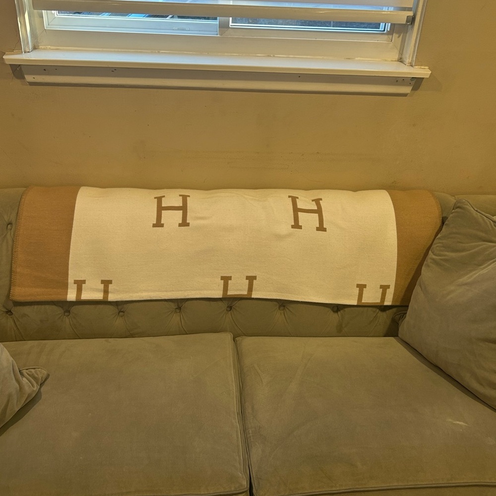 Tan and White Throw Blanket with H Pattern